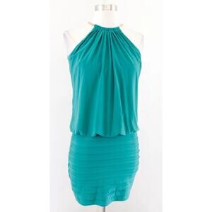 Vintage Cache Women's Green Blouson Gold Chain Halter Neck Mini Dress Size 10